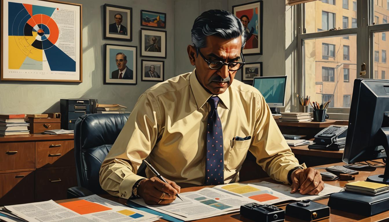 A businessman at his office desk makes notes on a report.