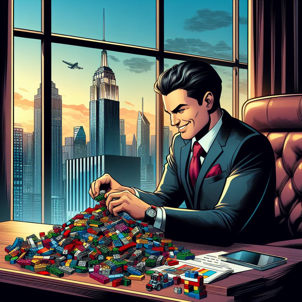 A man in a business suit gathers a pile of lego bricks on his corner office table by the window.