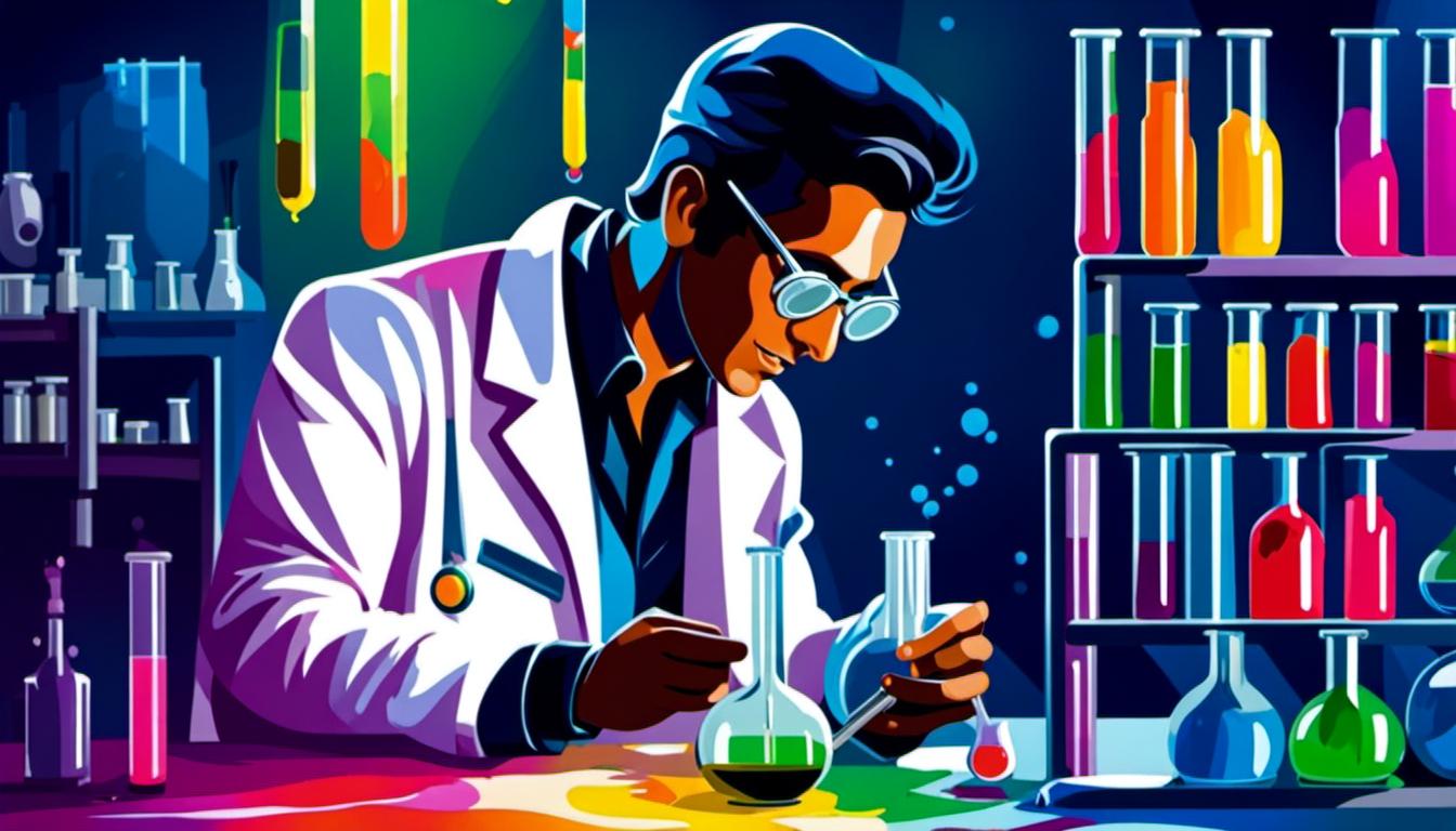 A scientist in a lab coat inspects test tubes and beakers filled with inks of various colors.