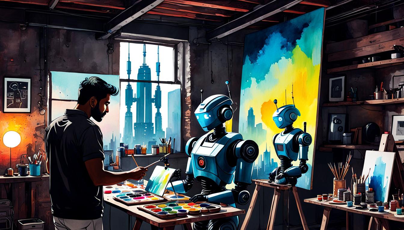 A man and his robot are painting an art piece in his loft apartment.