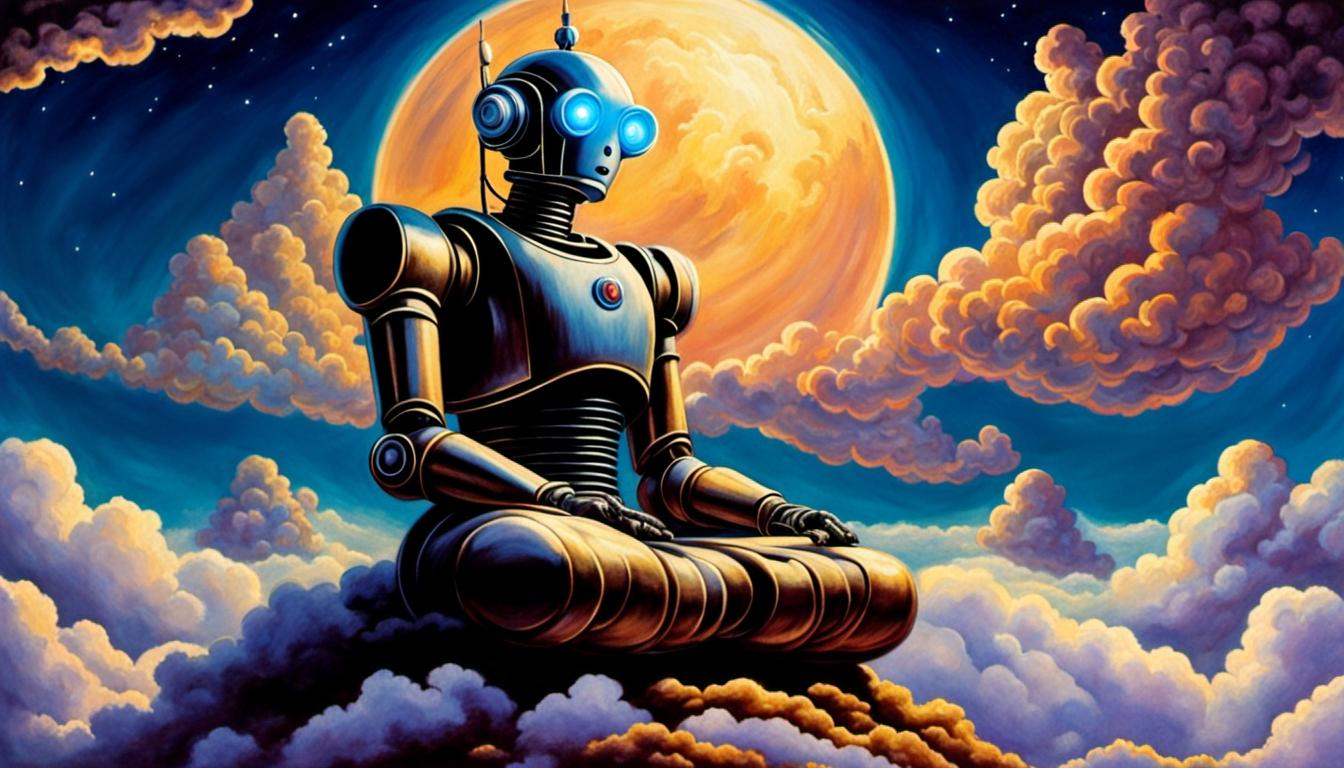 A robot meditates on a bed of clouds in the sky as a metaphor for cloud native artificial intelligence.