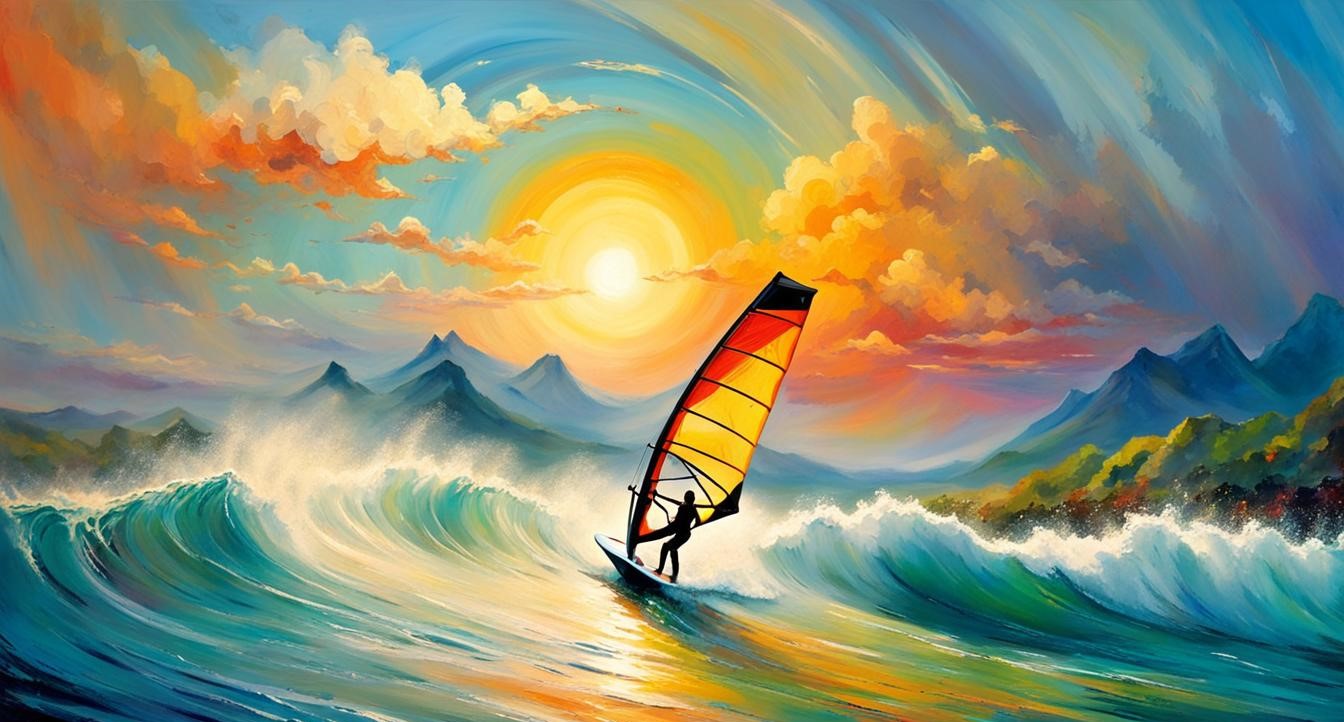 A colorful painting depicting a windsurfer on turbulent waves close to a shore dominated by mountains. The rising sun is in the sky. The painting serves as a metaphor for navigating the turbulent and ever changing algorithms of social media platforms.