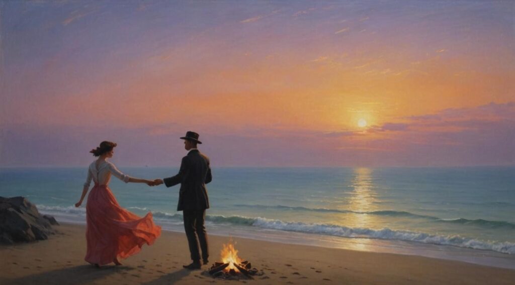 A man and a woman dance next to a campfire on a beach at sunset.