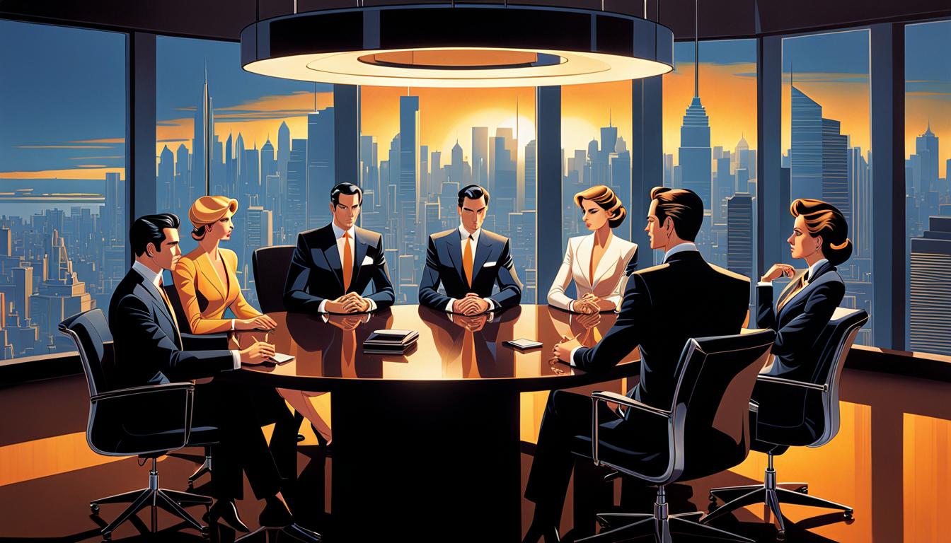 A boardroom scene depicting seven men and women seated at a table. A rising sun over the city skyline can be seen from the window.