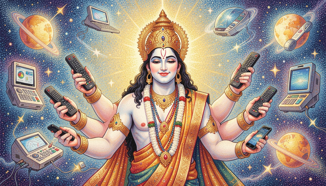A depiction of a six armed Indian god wielding remotes and phones to control celestial devices