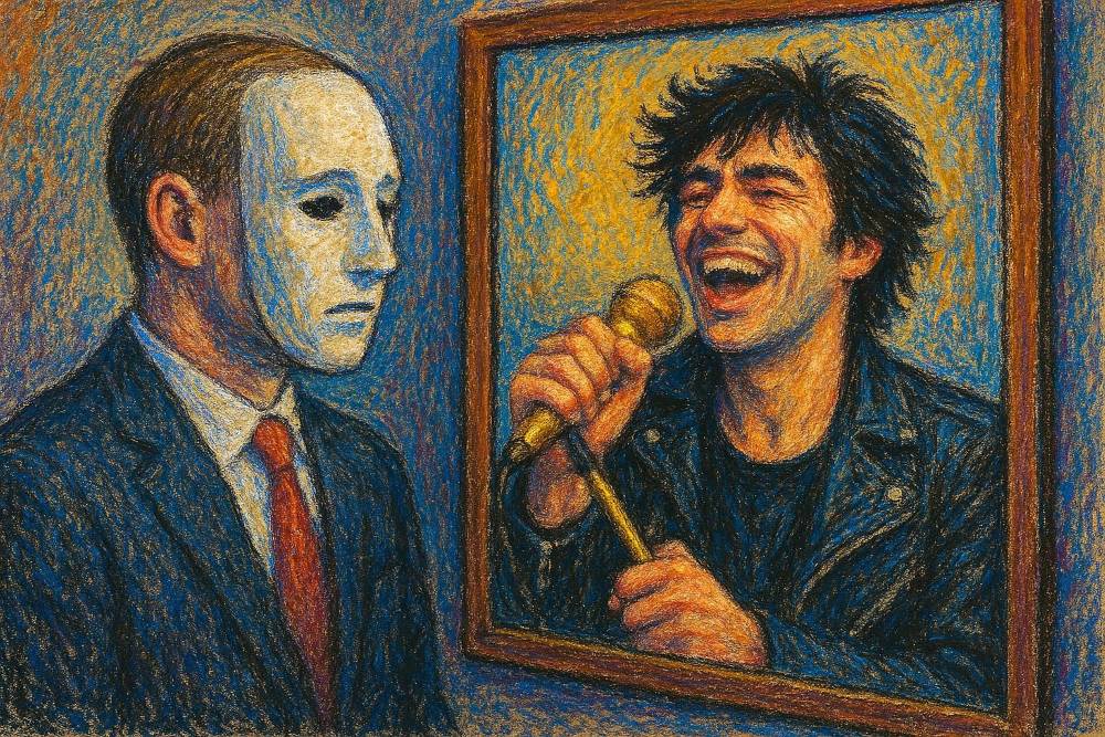 a mask wearing man in a business suit stares into a mirror and sees a happy rockstar holding a gold mic