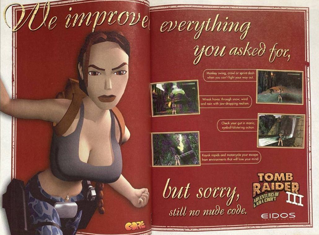 A suggestive advertisement for Tomb Raider III in a gaming magazine